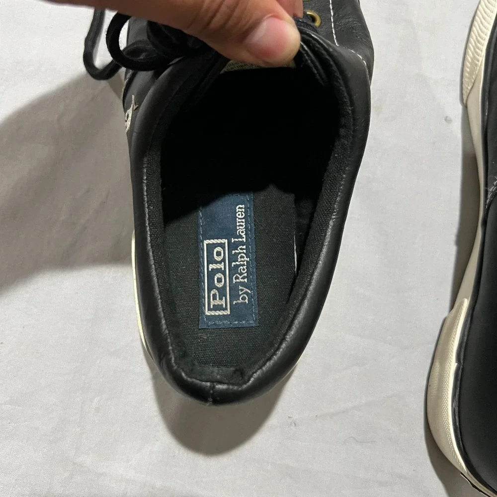 Polo Ralph Lauren Mens Vaughn Black Leather Lifestyle Shoes White Pony Logo 9.5D